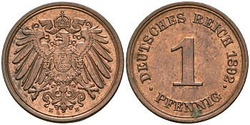 Германия 1 пфенниг 1892 E, Вильгельм II (1888-1918) KM 10, J. 10 медь 4608-613
