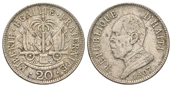 Гаити 20 сантимов 1907 Президент Пьер Нор Алексис KM 55 медно-никель 4622-1153