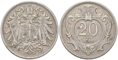 Австрия 20 геллеров 1908 Франц Иосиф I (1848-1916) KM 2803 никель 4613-1164