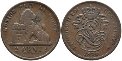 БЕЛЬГИЯ 2 САНТИМА 1870 BELGES KM 35.1 медь 95-642