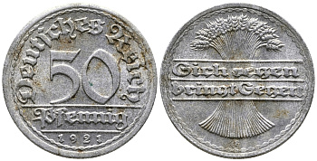 ГЕРМАНИЯ 50 ПФЕННИГОВ 1921 F KM 27, J. 301 алюминий 24-955