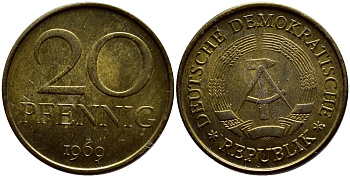 ГДР 20 пфеннигов 1969 А, первый год KM 11 латунь UNC 4398-1137