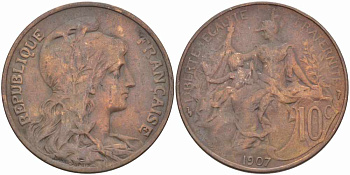 ФРАНЦИЯ 10 САНТИМОВ 1907 ТИП ДАНИЭЛЬ ДЮПЮИ KM 843, LA FRANC 136.17 бронза 109-231