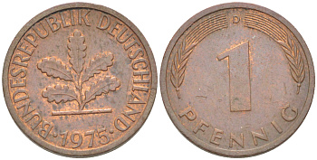 ФРГ 1 ПФЕННИГ 1975 D KM 105, J. 380 сталь плакированная медью 4181-616