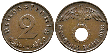 Германия 2 рейхспфеннига 1938 E KM 90, J. 362 бронза 176-547