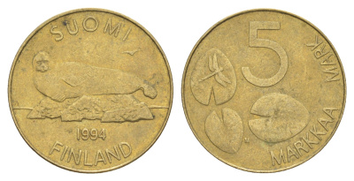 Финляндия 5 марок 1994 KM 73 алюминиевая бронза 4648-633