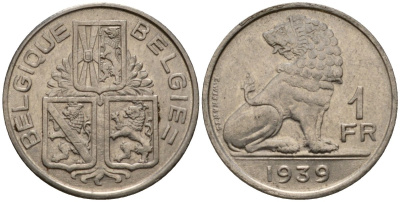 Бельгия 1 франк 1939 Belgique - Belgie KM 119 никель 4603-1241