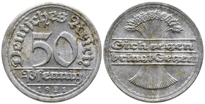ГЕРМАНИЯ 50 ПФЕННИГОВ 1921 F KM 27, J. 301 алюминий 24-955