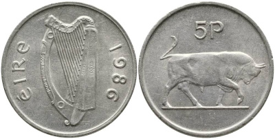 ИРЛАНДИЯ 5 ПЕНСОВ 1986 БЫК KM 22 медно-никель 4525-1134