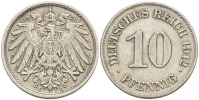 Германия 10 пфеннигов 1912 E KM 12, Jager 13, Weege 8 медно-никель 219-224
