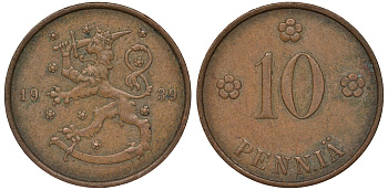 Финляндия 10 пенни 1939 KM 24 медь 51-3126