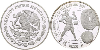 Мексика 5 песо 2006 чемпионат мира по футболу в Германии 2006 года KM 770 серебро PROOF 01-107-21