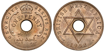 Британская Западная Африка 1 пенни 1952 KN, Георг VI, монетный двор Кингс Нортон KM 30a бронза UNC 1528-923