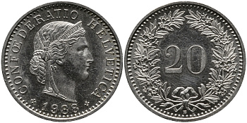 ШВЕЙЦАРИЯ 20 РАППЕНОВ 1988 В KM 29a медно-никель 33-313