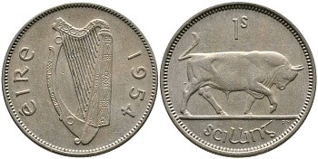 ИРЛАНДИЯ 1 ШИЛЛИНГ 1954 БЫК KM 14а медно-никель 4525-1151