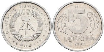 ГДР 5 пфеннигов 1980 А KM 9.2 алюминий 4585-837