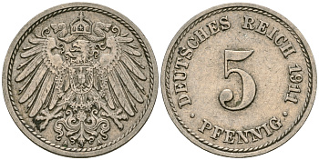Германия 5 пфеннигов 1911 A KM 11, J. 12, Weege 6 медно-никель 4608-947