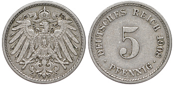 Германия 5 пфеннигов 1908 F KM 11, Jager 12, Weege 6 медно-никель 45-1132