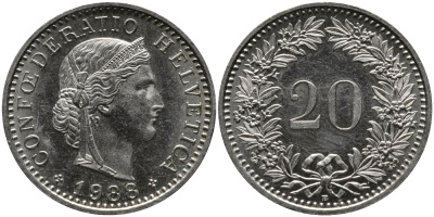 ШВЕЙЦАРИЯ 20 РАППЕНОВ 1988 В KM 29a медно-никель 33-313