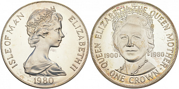 Остров Мэн 1 крона 1980 80 лет королеве Елизавете, королеве-матери KM 68b серебро PROOF 02-039-13