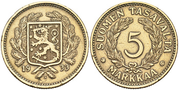 ФИНЛЯНДИЯ 5 МАРОК 1933 S KM 31 алюминиевая бронза 4563-346