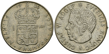 Швеция 1 крона 1954 TS, Густав VI Адольф (1950-1973) KM 826 серебро 4177-957