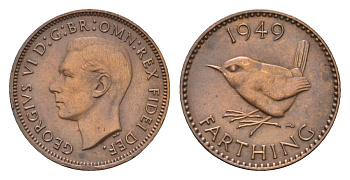 Великобритания 1 фартинг 1949 Георг VI (1936-1952) KM 867, Spink 4119 бронза 4643-954