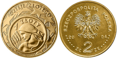 Польша 2 злотых 2004 MW, история злотого, монета на монете KM 479 нордик UNC 4448-421