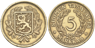 ФИНЛЯНДИЯ 5 МАРОК 1933 S KM 31 алюминиевая бронза 4563-346