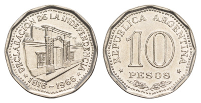 Аргентина 10 песо 1966 150 лет Декларации о Независимости KM 62 сталь плакированная никелем 4654-716