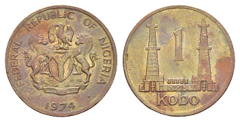 Нигерия 1 кобо 1974 KM 8.1 бронза 4642-121