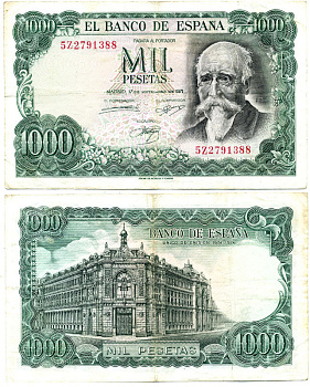 Испания 1000 песет 1971 (1974) Хосе Эчегерай-и-Эйсагирре, 100 лет со дня того, как Banco de España стал единственным банком-эмитентом (1874–1974) Pick 154 бумага 7484-28-2