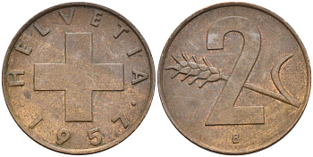Швейцария 2 раппена 1957 В KM 47 бронза 4591-1133
