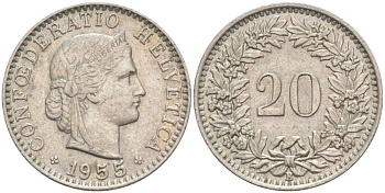ШВЕЙЦАРИЯ 20 РАППЕНОВ 1955 В KM 29a медно-никель 55-733