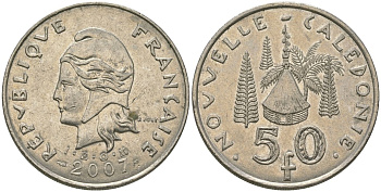 Французская Новая Каледония 50 франков 2007 хижина среди сосен и пальм, (IEOM) KM 13a, Schoen 15a, Lec 128i медно-никель 114-215