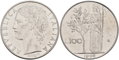 Италия 100 лир 1966 R, Афина KM 96.1 нержавеющая сталь 4117-325