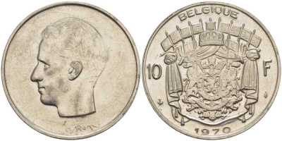 Бельгия 10 франков 1970 Belgique, Бодуэн I (1951-1993) KM 155.1 никель 38-642