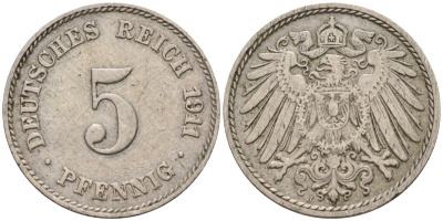 Германия 5 пфеннигов 1911 J KM 11, Jager 12, Weege 6 медно-никель 4151-527