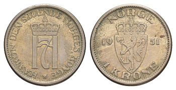 Норвегия 1 крона 1951 Хокон VII (1905-1957) KM 397 медно-никель 4646-1015