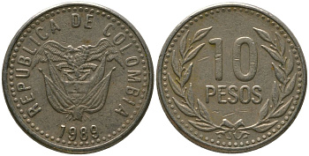 Колумбия 10 песо 1989 KM 281.1 медь цинк никель 4528-815