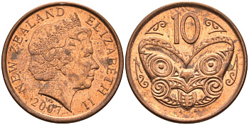 Новая Зеландия 10 центов 2007 маска Маори, Елизавета II (1952-) KM 117а сталь плакированная медью 4179-732