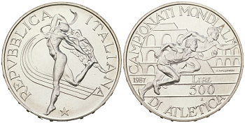 Италия 500 лир 1987 R, Чемпионат мира по лёгкой атлетике 1987 KM 122 серебро BU 4367-841