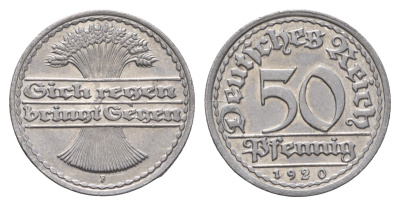 Германия 50 пфеннигов 1920 F KM 27, J. 301 алюминий aUNC 3856-711