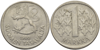 ФИНЛЯНДИЯ 1 МАРКА 1980 К KM 49а медно-никель 28-153