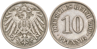 Германия 10 пфеннигов 1900 A KM 12, J. 13 медно-никель    4595-135