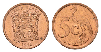 ЮАР 5 центов 1996 герб, райский журавль KM 160 сталь плакированная медью UNC 4687-214
