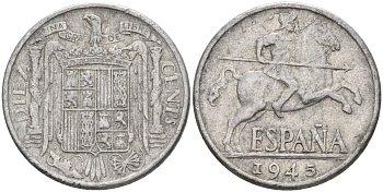 Испания 10 сентимо 1945 Франсиско Франко (1939 - 1975) KM 766 алюминий 4155-241