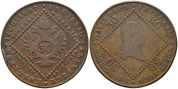 АВСТРИЯ 30 КРЕЙЦЕРОВ 1807 A, ФРАНЦ II (1792-1806) ИМПЕРАТОР СВЯЩЕННОЙ РИМСКОЙ ИМПЕРИИ, (1806-1835) ИМПЕРАТОР АВСТРИИ KM 2149 медь 37-435