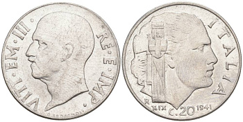 ИТАЛИЯ 20 ЧЕНТЕЗИМО 1941 R, ГОД XIX, ВИКТОР ЭММАНУИЛ III (1900-1946) KM 75b, VEM3. 1028 нержавеющая сталь 3853-1053