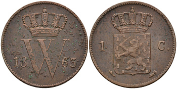 Нидерланды 1 цент 1863 Виллем III (1849-1890) KM 100 медь 4595-326